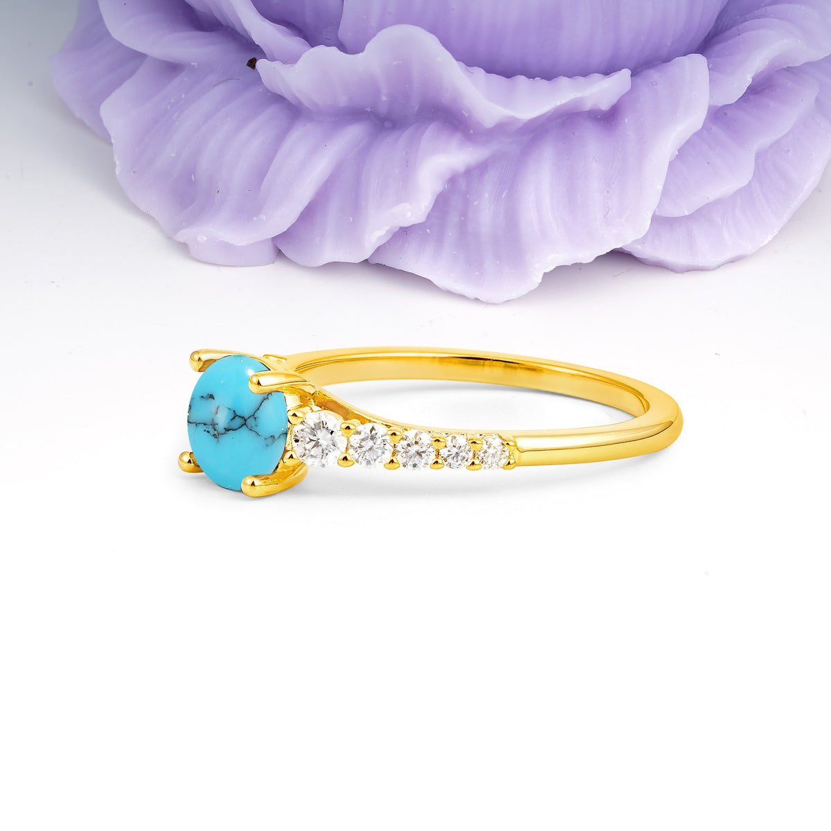 Classic Pavé-Set Ring: Simple 4-Prong Round Cut Turquoise Engagement Ring - Additional view