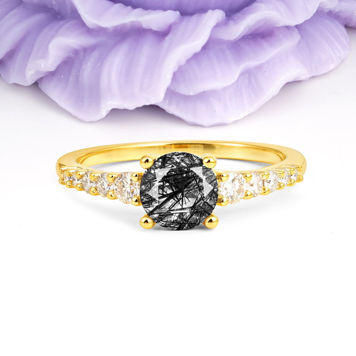 Classic Pavé-Set Ring: Simple 4-Prong Round Cut Black Rutilated Quartz Engagement Ring - Additional view