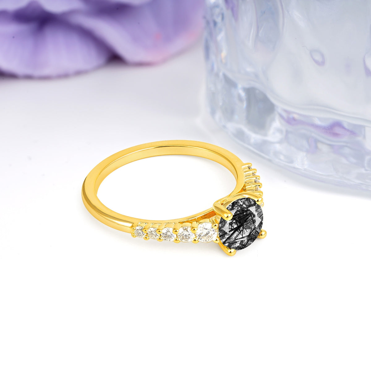 Classic Pavé-Set Ring: Simple 4-Prong Round Cut Black Rutilated Quartz Engagement Ring - Additional view