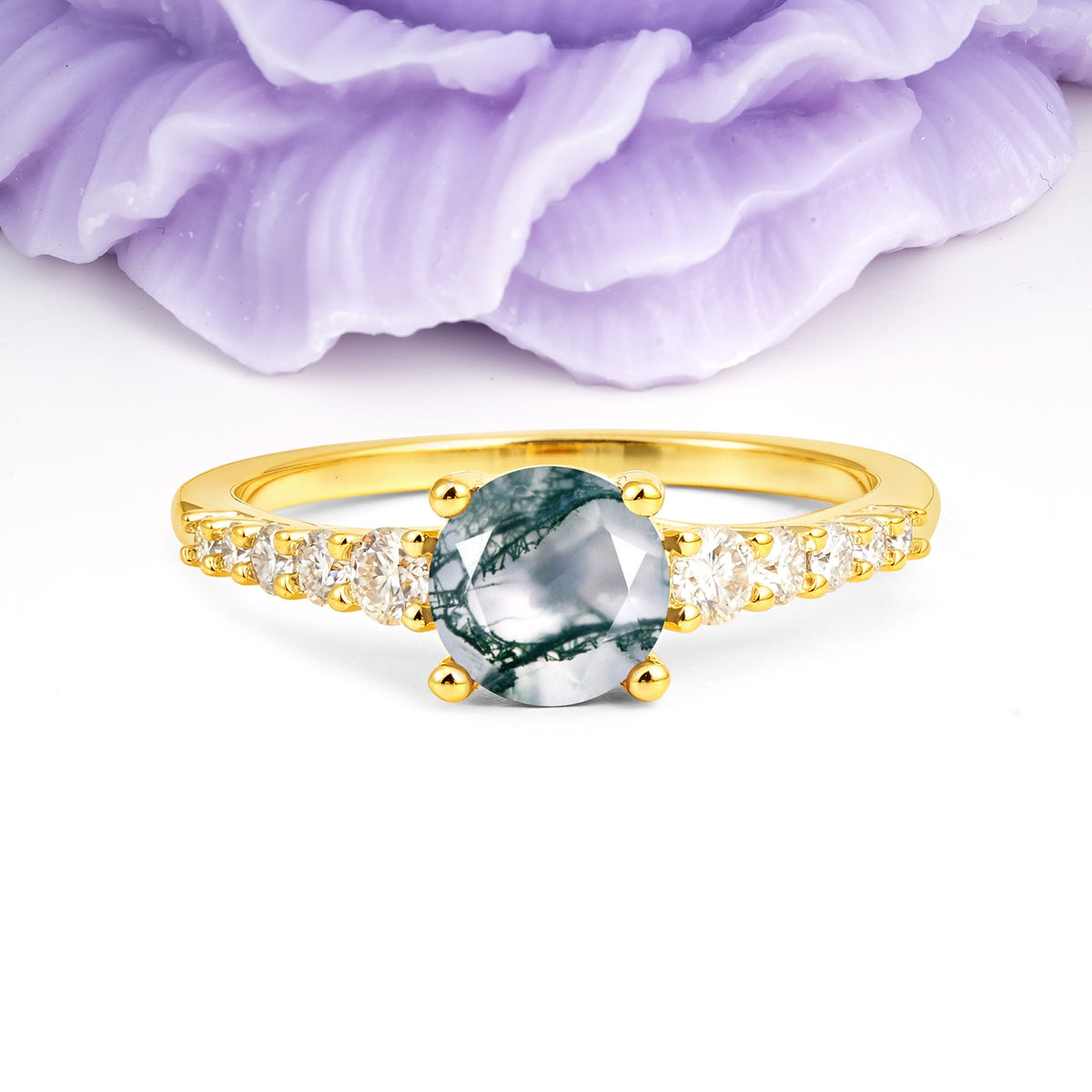 Classic Pavé-Set Ring: Simple 4-Prong Round Cut Moss Agate Engagement Ring - Additional view