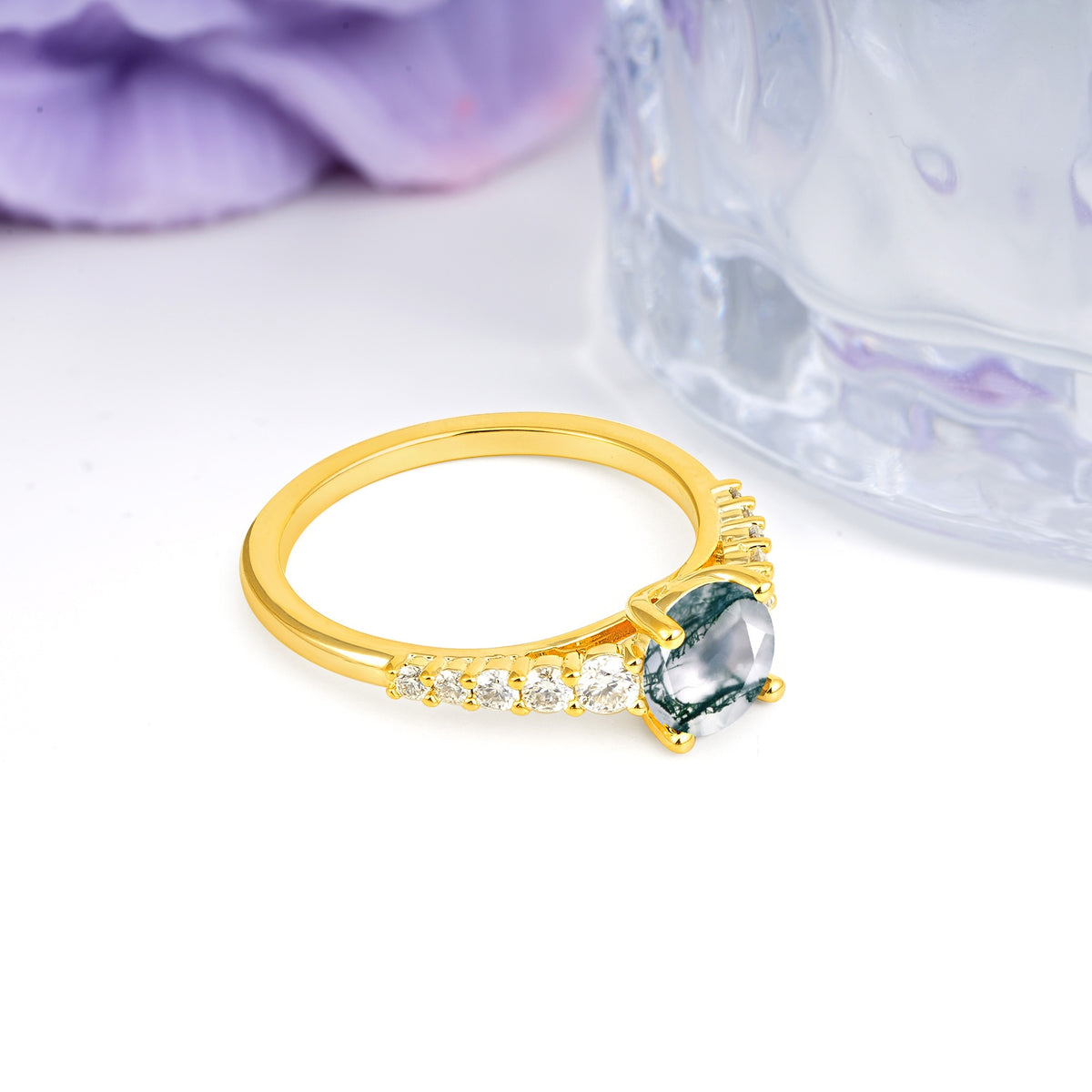 Classic Pavé-Set Ring: Simple 4-Prong Round Cut Moss Agate Engagement Ring - Additional view