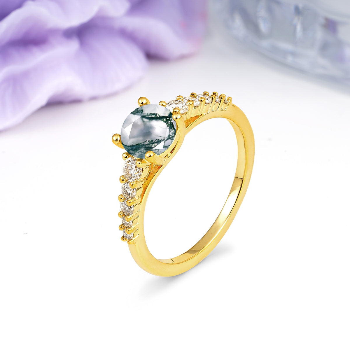 Classic Pavé-Set Ring: Simple 4-Prong Round Cut Moss Agate Engagement Ring - Additional view