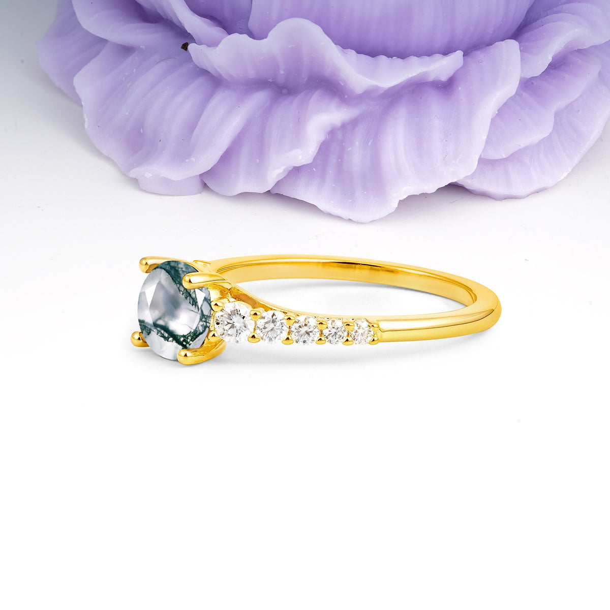 Classic Pavé-Set Ring: Simple 4-Prong Round Cut Moss Agate Engagement Ring - Additional view