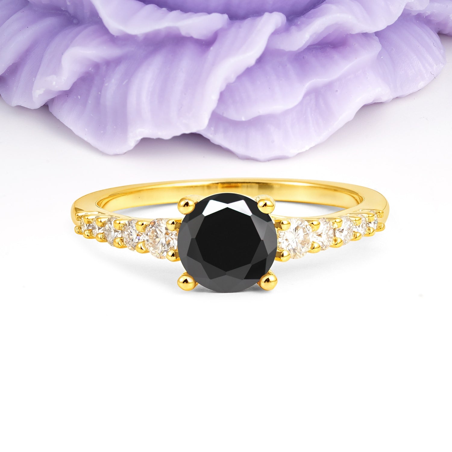 Classic Pavé-Set Ring: Simple 4-Prong Round Cut Black Onyx Engagement Ring - Additional view