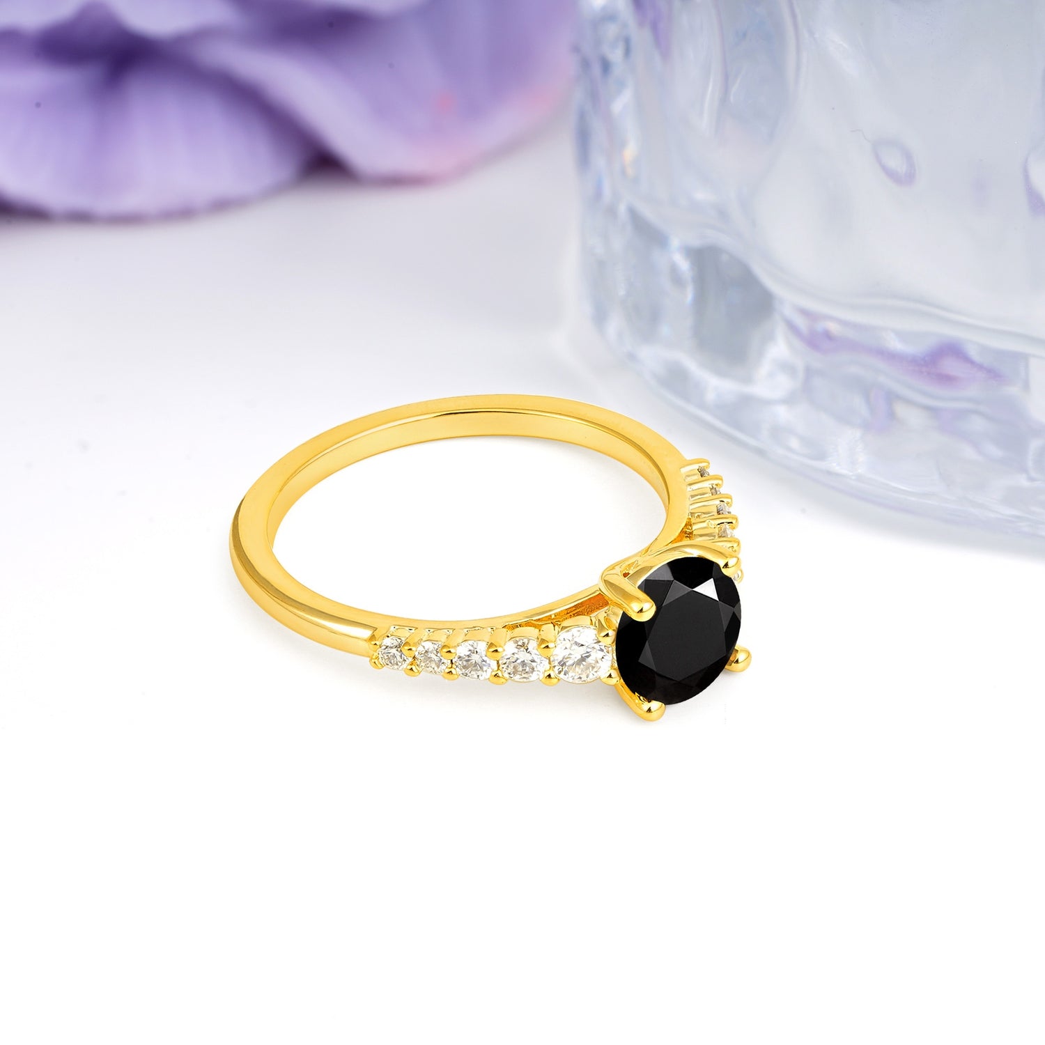 Classic Pavé-Set Ring: Simple 4-Prong Round Cut Black Onyx Engagement Ring - Additional view