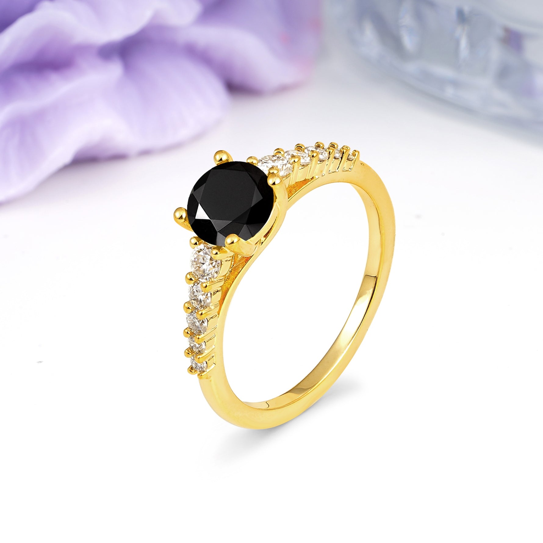 Classic Pavé-Set Ring: Simple 4-Prong Round Cut Black Onyx Engagement Ring - Additional view