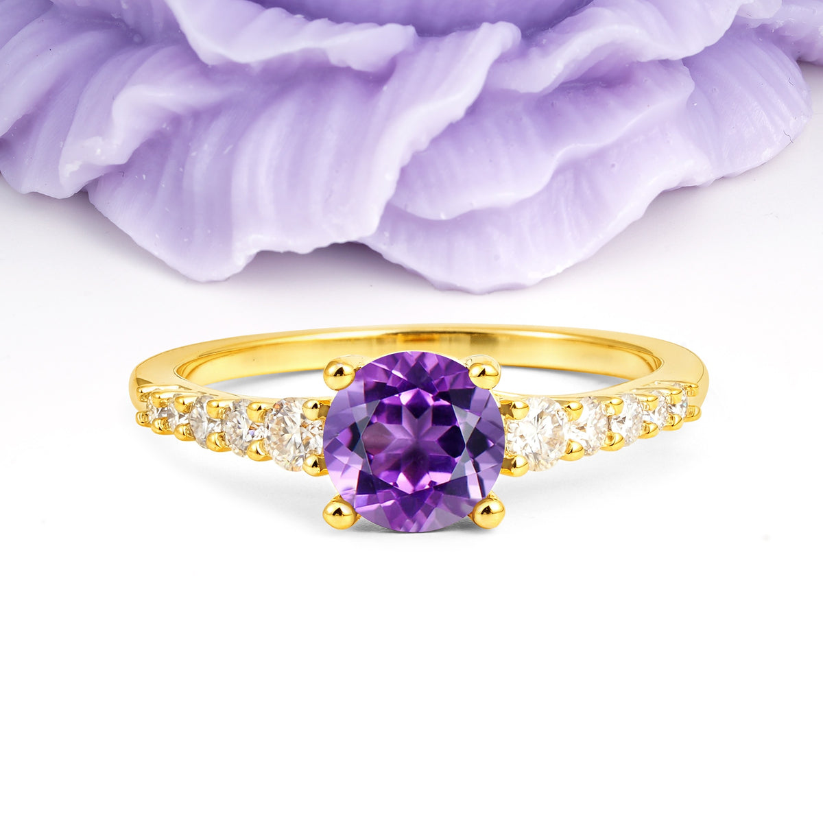 Classic Pavé-Set Ring: Simple 4-Prong Round Cut Amethyst Engagement Ring - Additional view