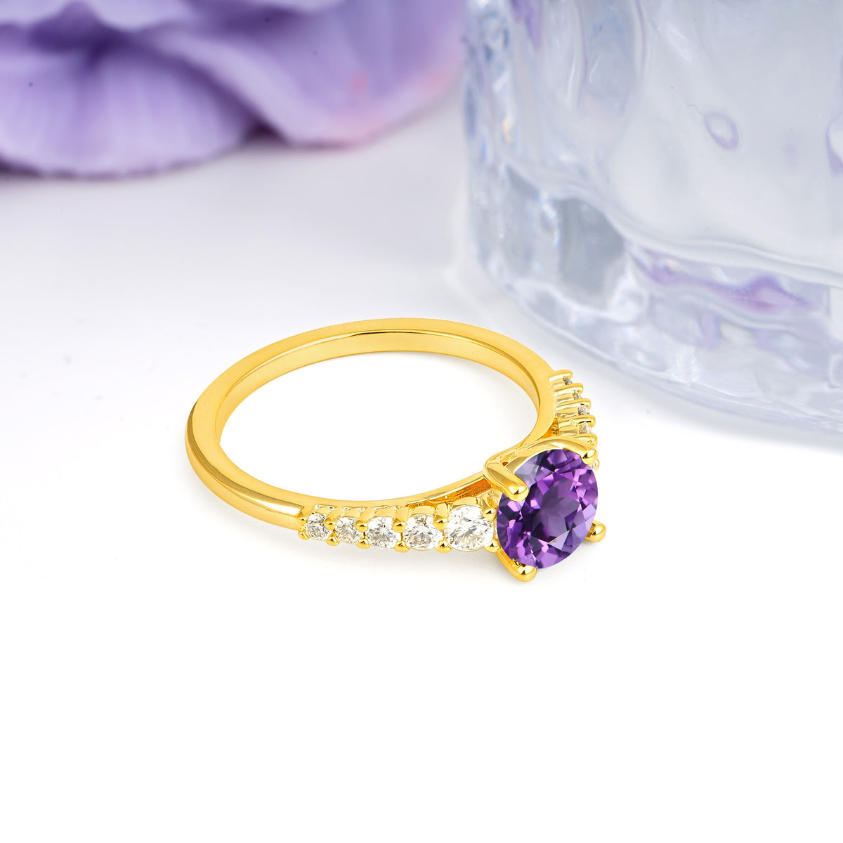 Classic Pavé-Set Ring: Simple 4-Prong Round Cut Amethyst Engagement Ring - Additional view