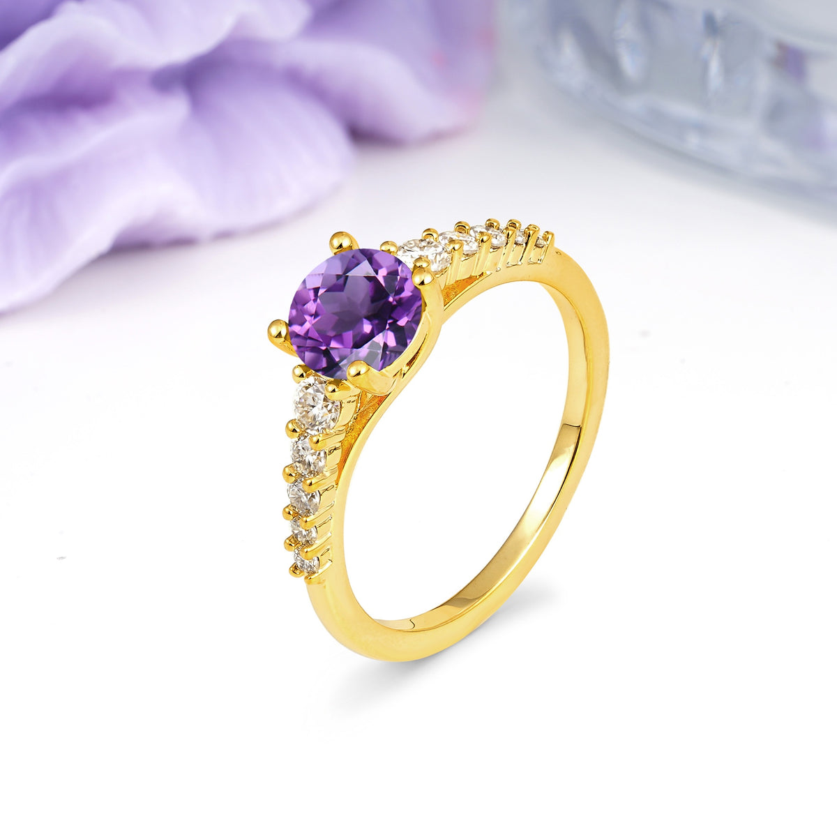 Classic Pavé-Set Ring: Simple 4-Prong Round Cut Amethyst Engagement Ring - Additional view