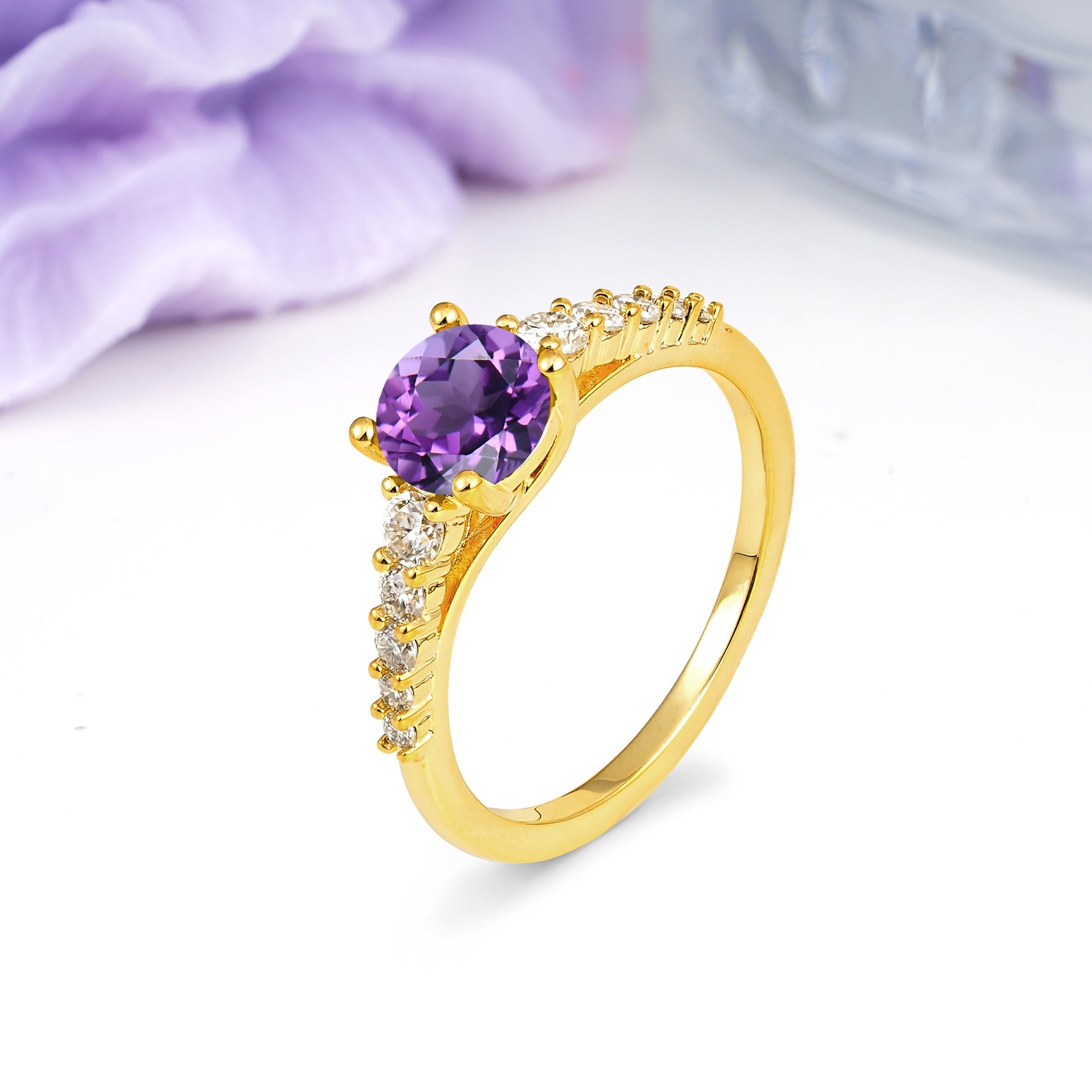 Classic Pavé-Set Ring: Simple 4-Prong Round Cut Amethyst Engagement Ring - Additional view