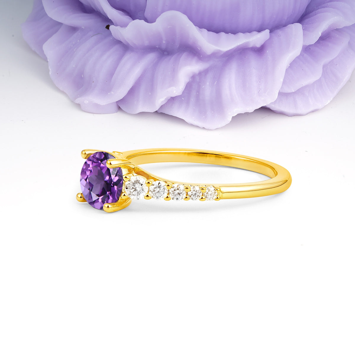 Classic Pavé-Set Ring: Simple 4-Prong Round Cut Amethyst Engagement Ring - Additional view