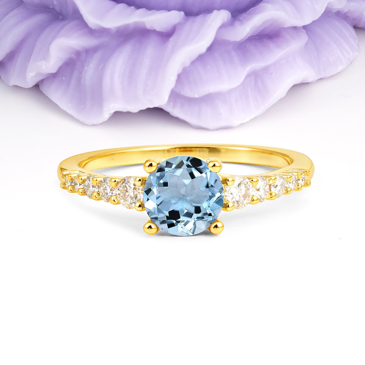 Classic Pavé-Set Ring: Simple 4-Prong Round Cut Aquamarine Engagement Ring - Additional view