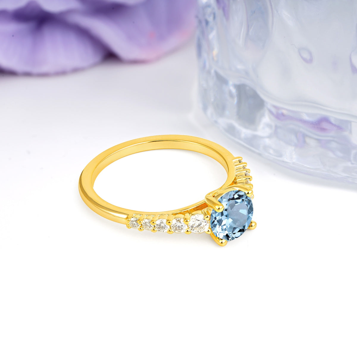 Classic Pavé-Set Ring: Simple 4-Prong Round Cut Aquamarine Engagement Ring - Additional view