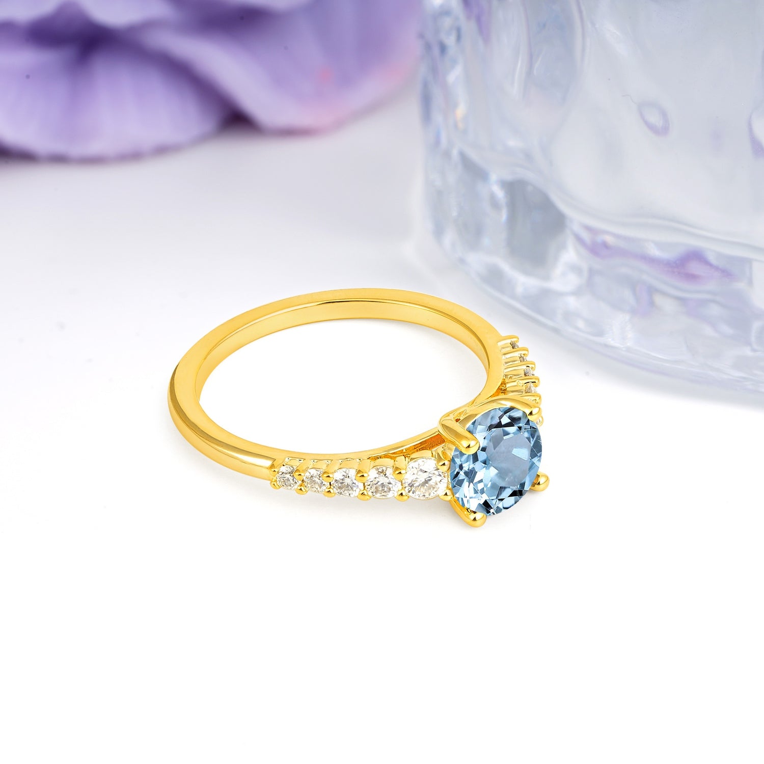 Classic Pavé-Set Ring: Simple 4-Prong Round Cut Aquamarine Engagement Ring - Additional view