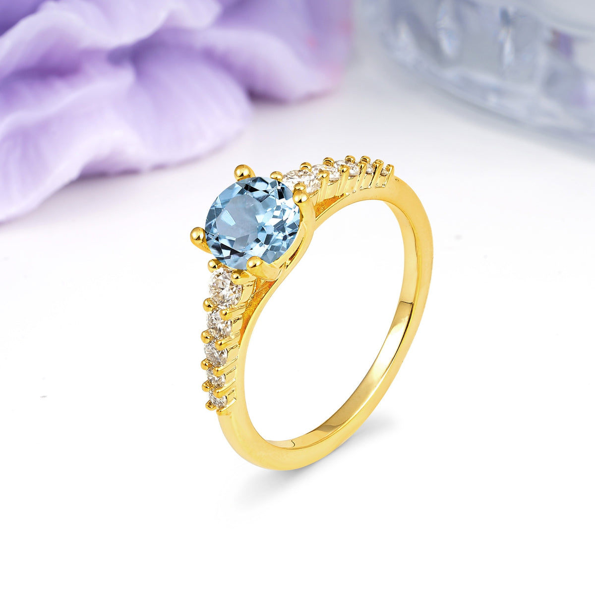Classic Pavé-Set Ring: Simple 4-Prong Round Cut Aquamarine Engagement Ring - Additional view