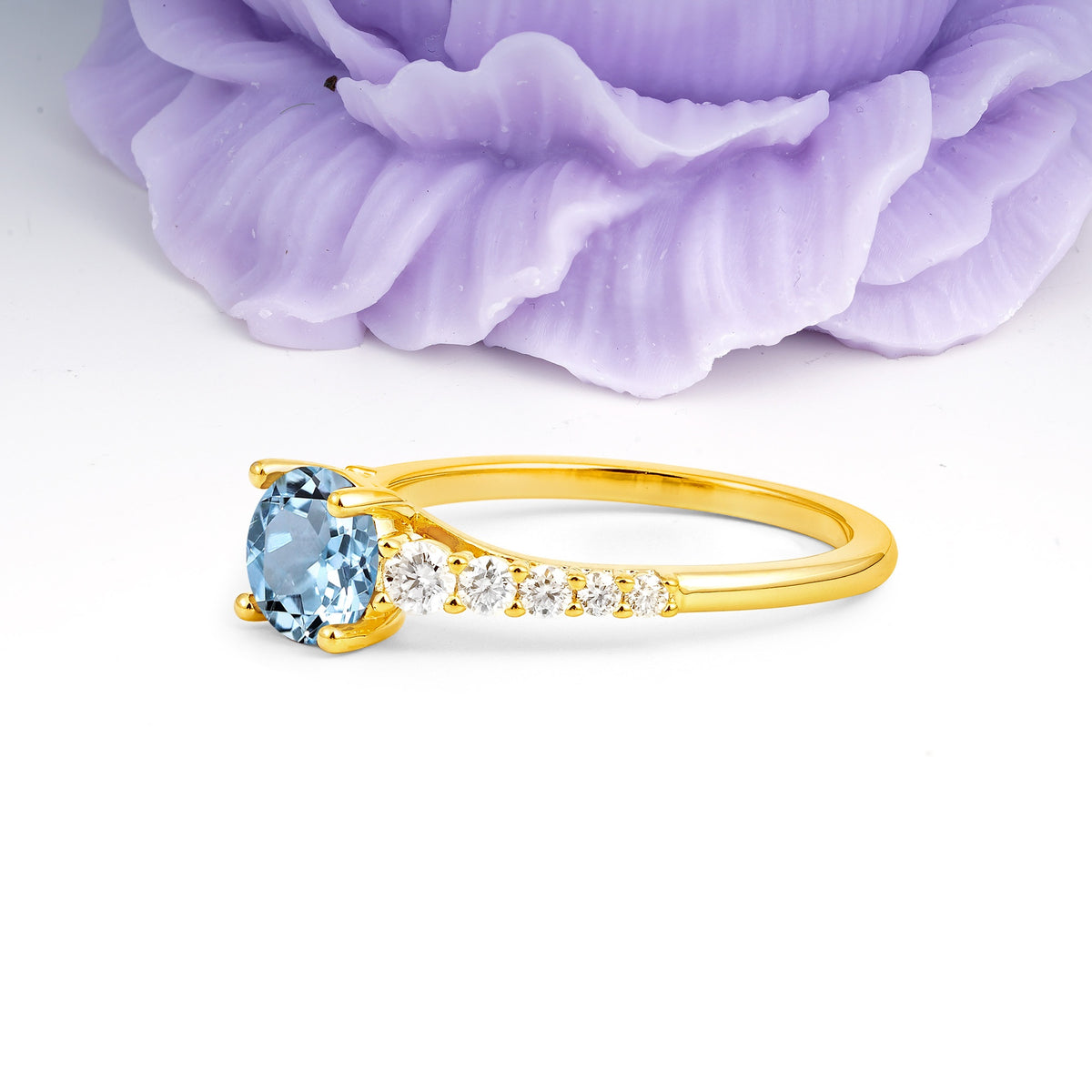Classic Pavé-Set Ring: Simple 4-Prong Round Cut Aquamarine Engagement Ring - Additional view