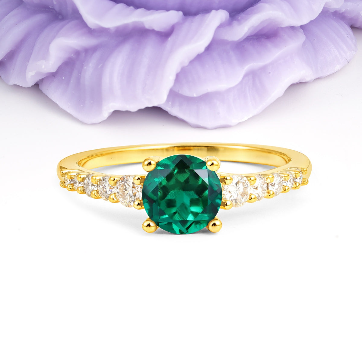 Classic Pavé-Set Ring: Simple 4-Prong Round Cut Emerald Engagement Ring - Additional view
