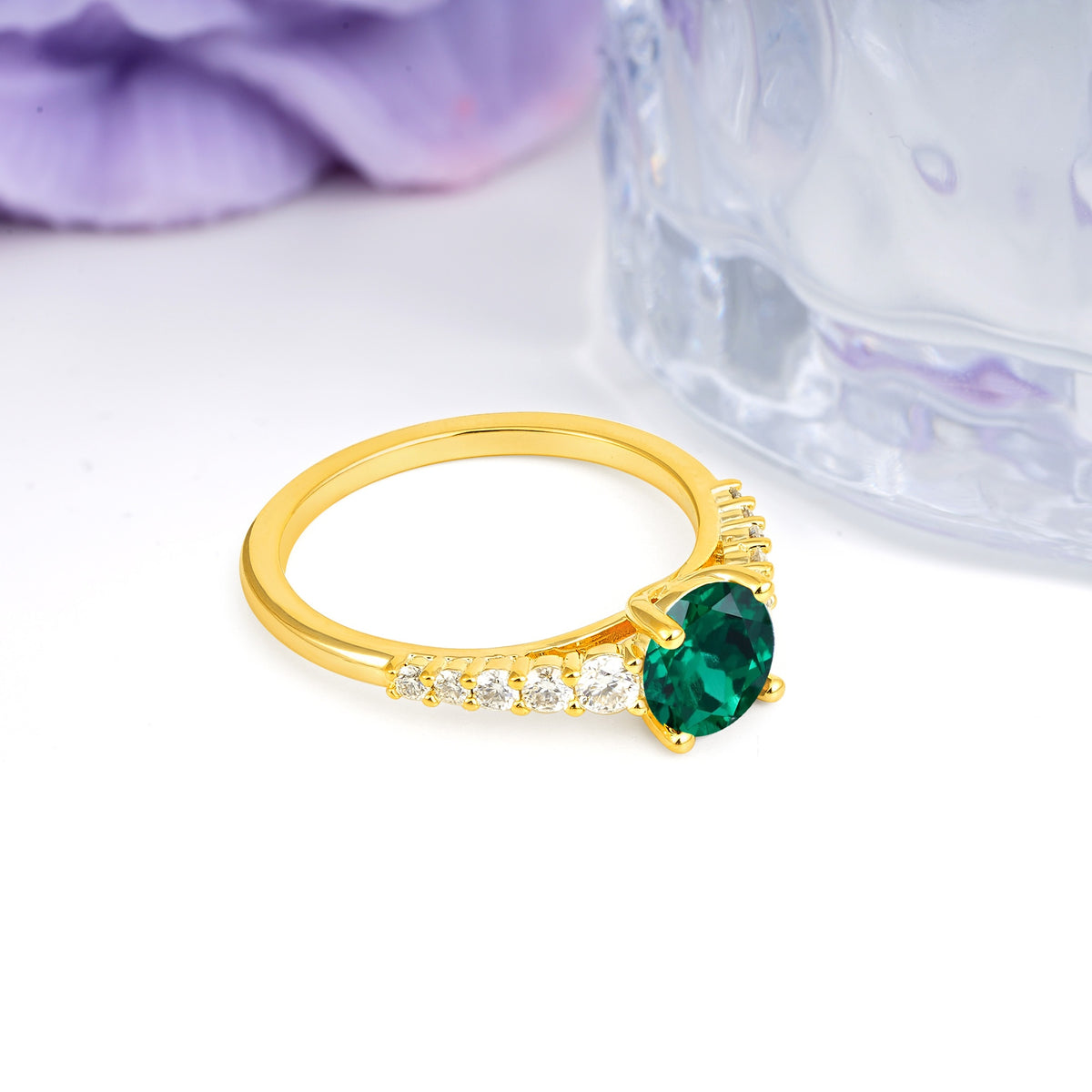 Classic Pavé-Set Ring: Simple 4-Prong Round Cut Emerald Engagement Ring - Additional view