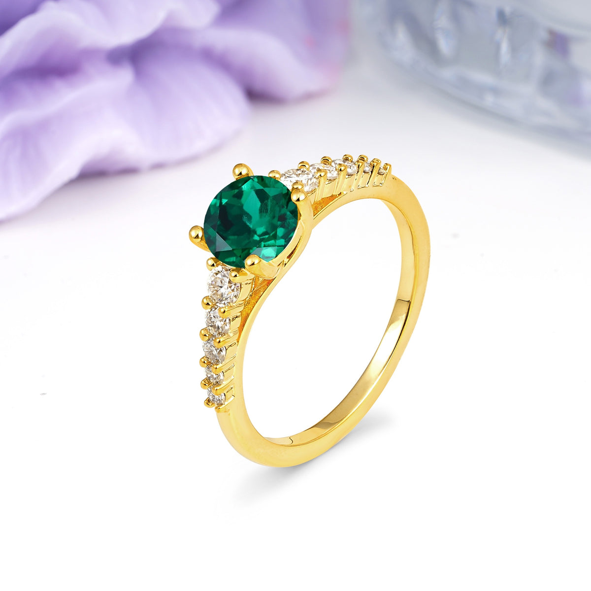 Classic Pavé-Set Ring: Simple 4-Prong Round Cut Emerald Engagement Ring - Additional view