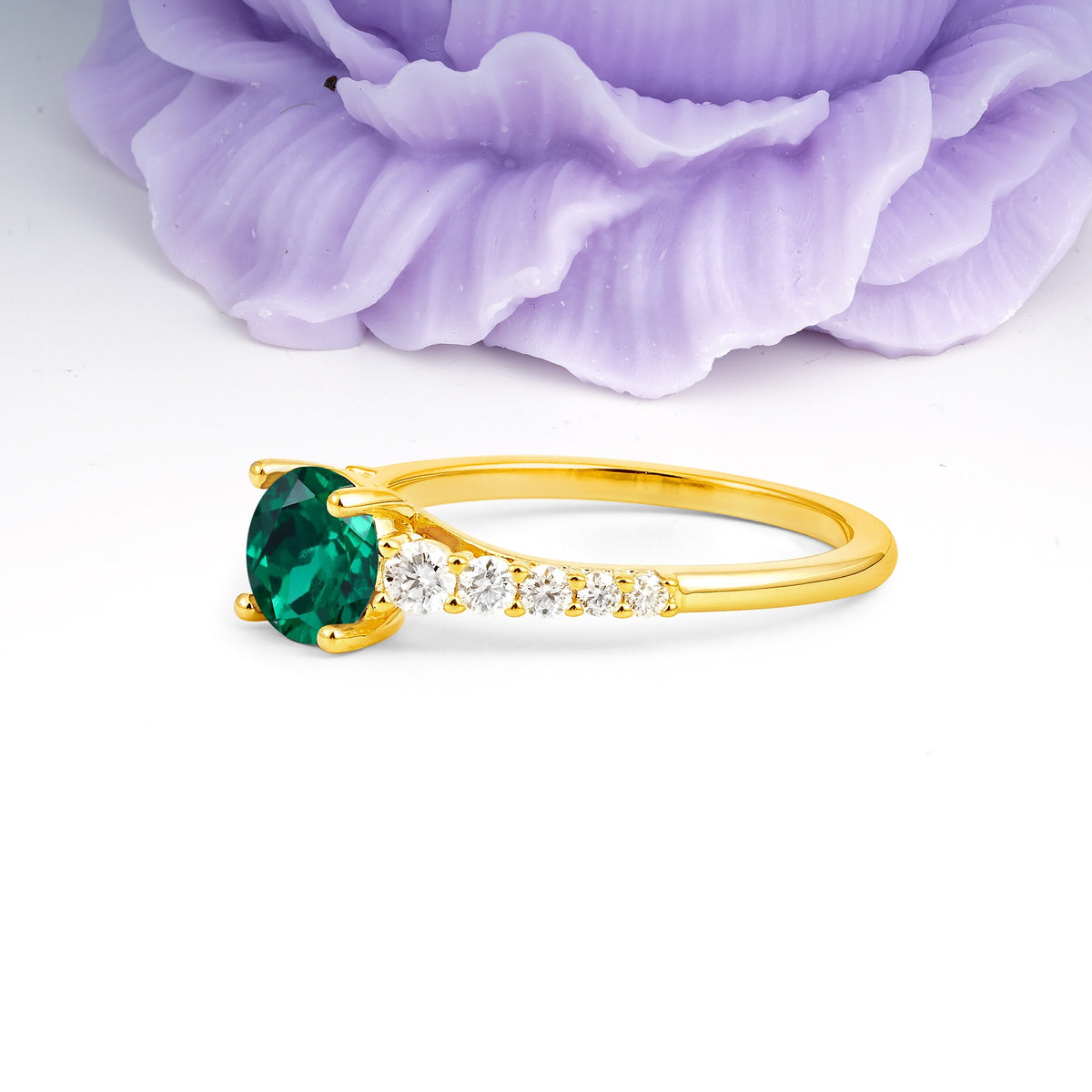 Classic Pavé-Set Ring: Simple 4-Prong Round Cut Emerald Engagement Ring - Additional view