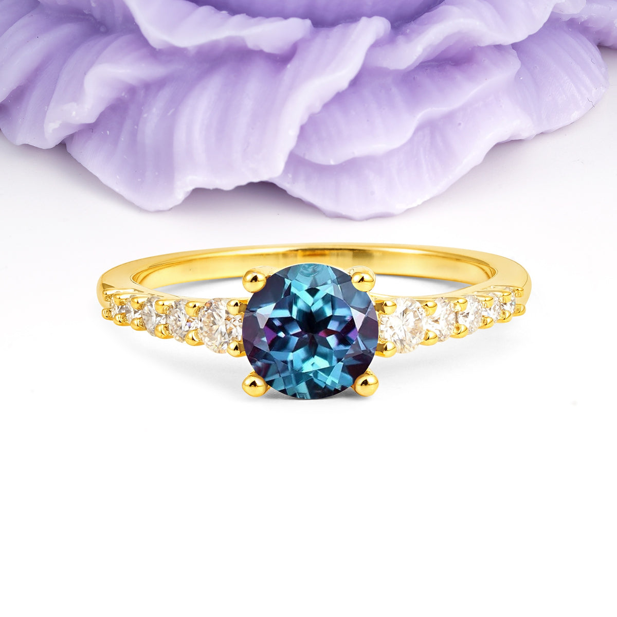 Classic Pavé-Set Ring: Simple 4-Prong Round Cut Alexandrite Engagement Ring - Additional view