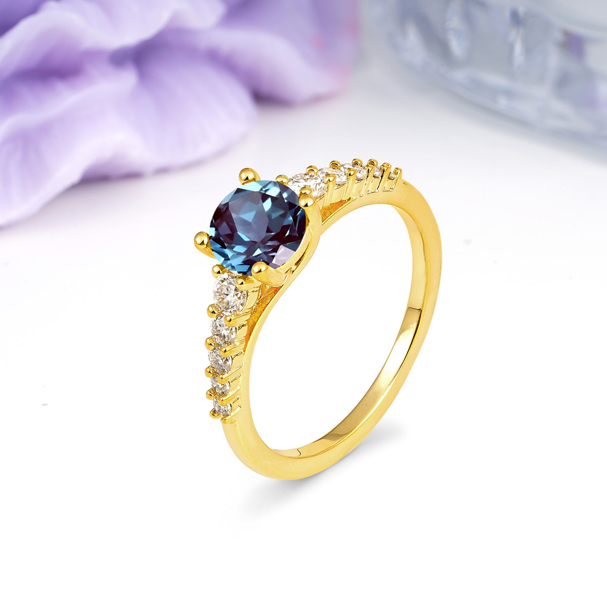 Classic Pavé-Set Ring: Simple 4-Prong Round Cut Alexandrite Engagement Ring - Additional view