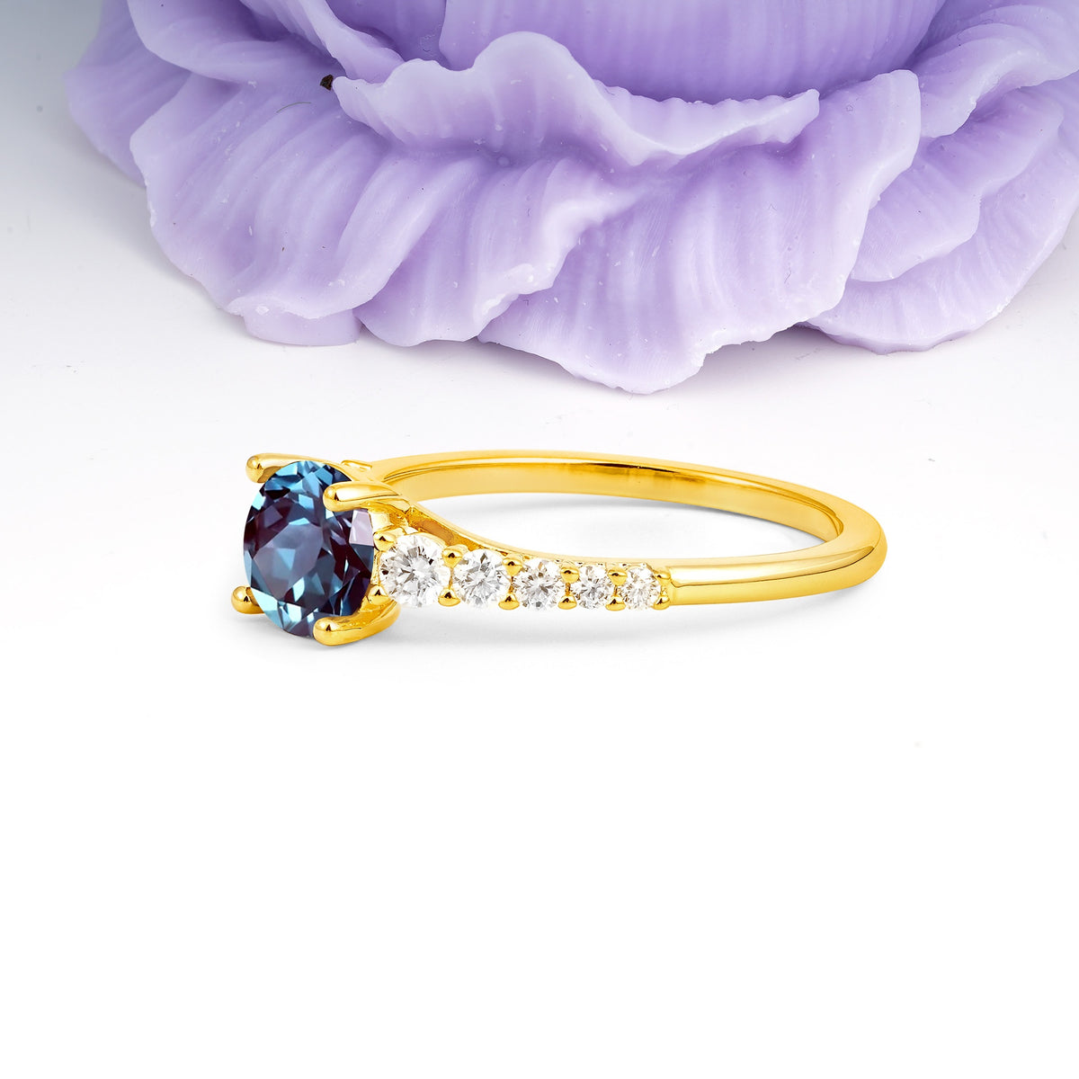 Classic Pavé-Set Ring: Simple 4-Prong Round Cut Alexandrite Engagement Ring - Additional view
