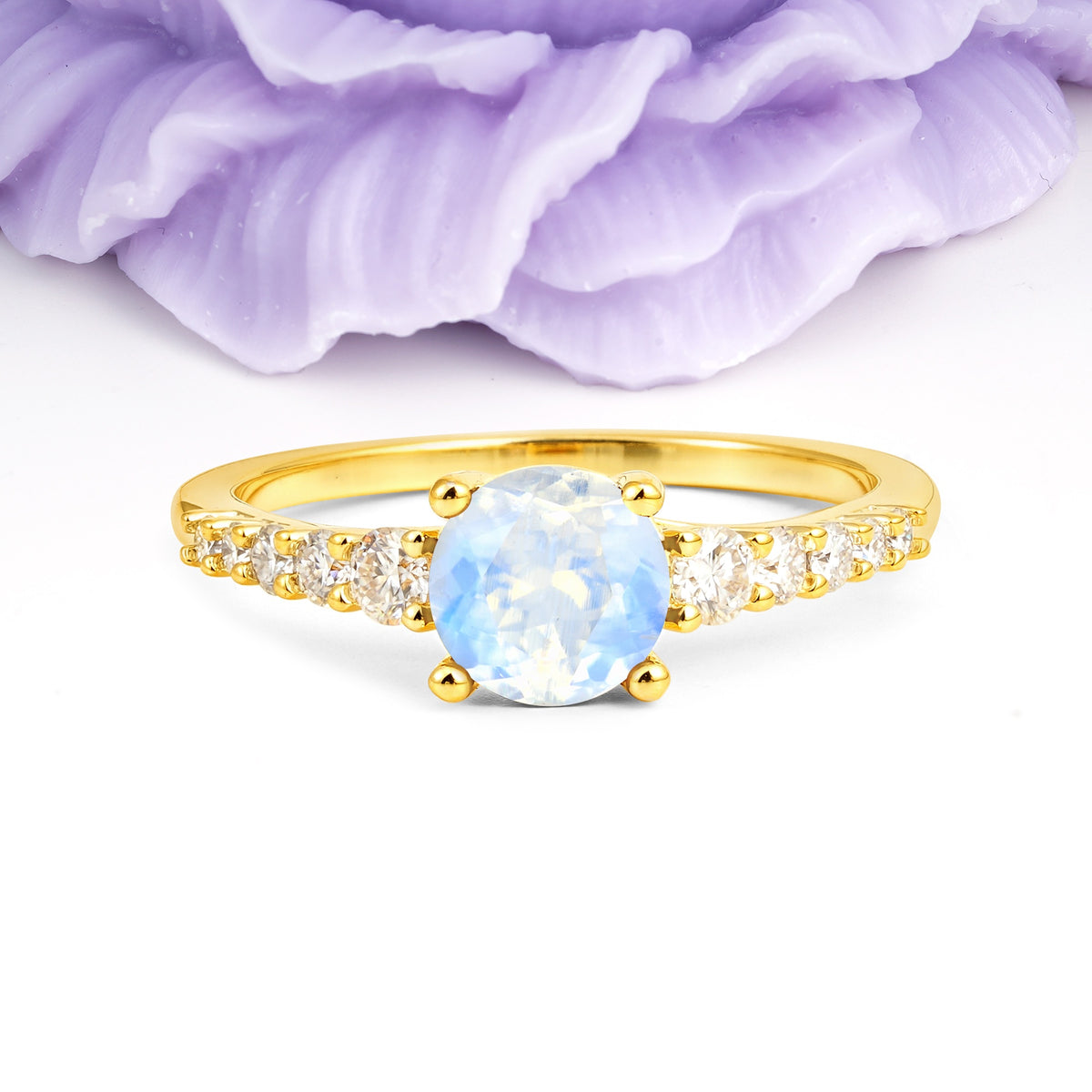 Classic Pavé-Set Ring: Simple 4-Prong Round Cut Moonstone Engagement Ring - Additional view