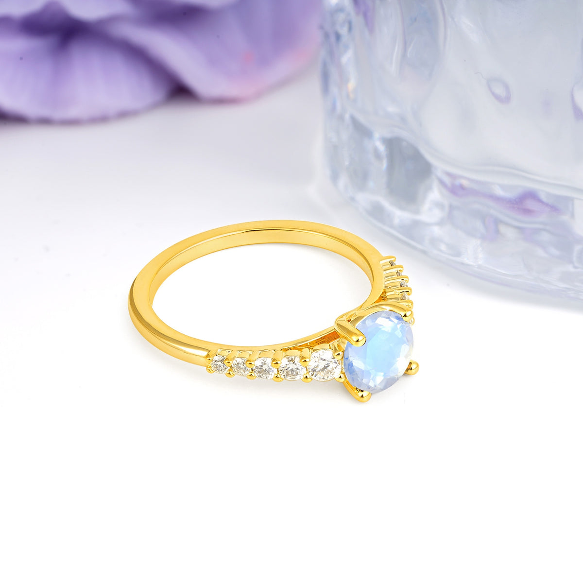 Classic Pavé-Set Ring: Simple 4-Prong Round Cut Moonstone Engagement Ring - Additional view