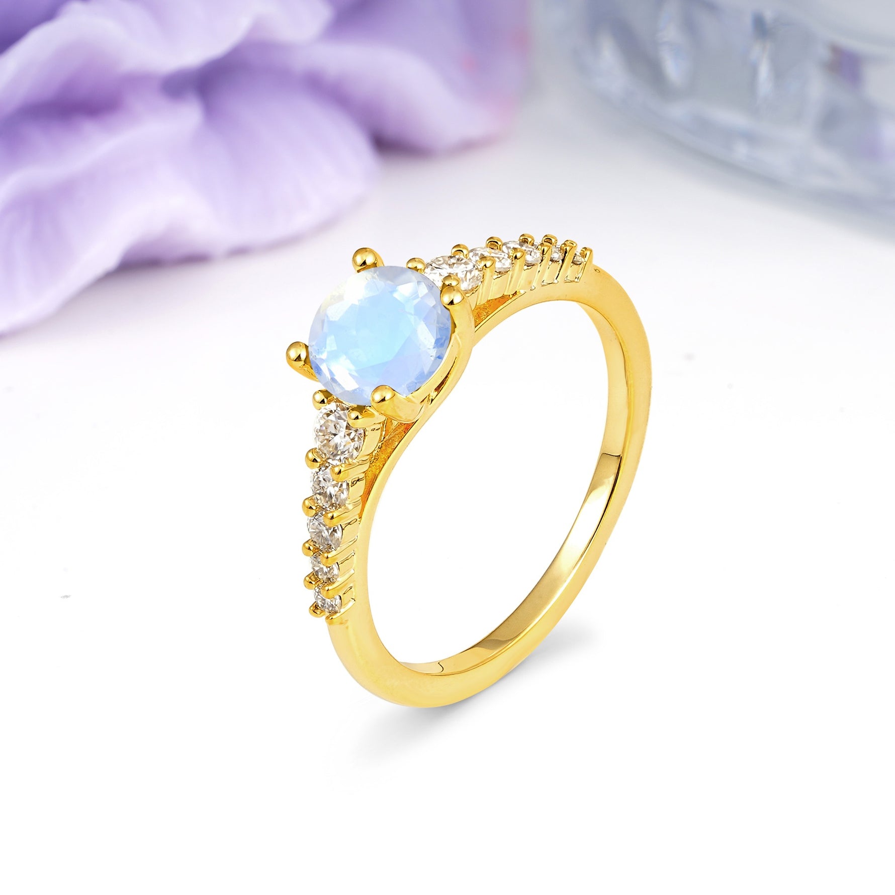 Classic Pavé-Set Ring: Simple 4-Prong Round Cut Moonstone Engagement Ring - Additional view
