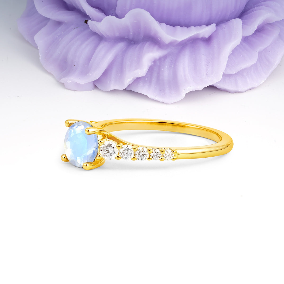 Classic Pavé-Set Ring: Simple 4-Prong Round Cut Moonstone Engagement Ring - Additional view