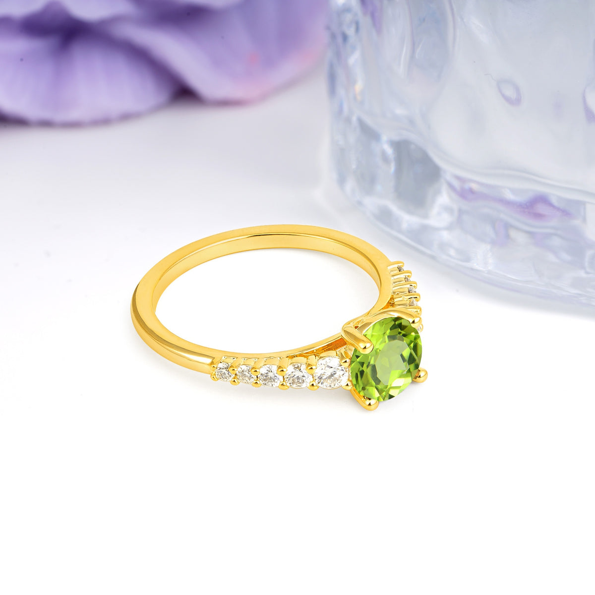 Classic Pavé-Set Ring: Simple 4-Prong Round Cut Peridot Engagement Ring - Additional view
