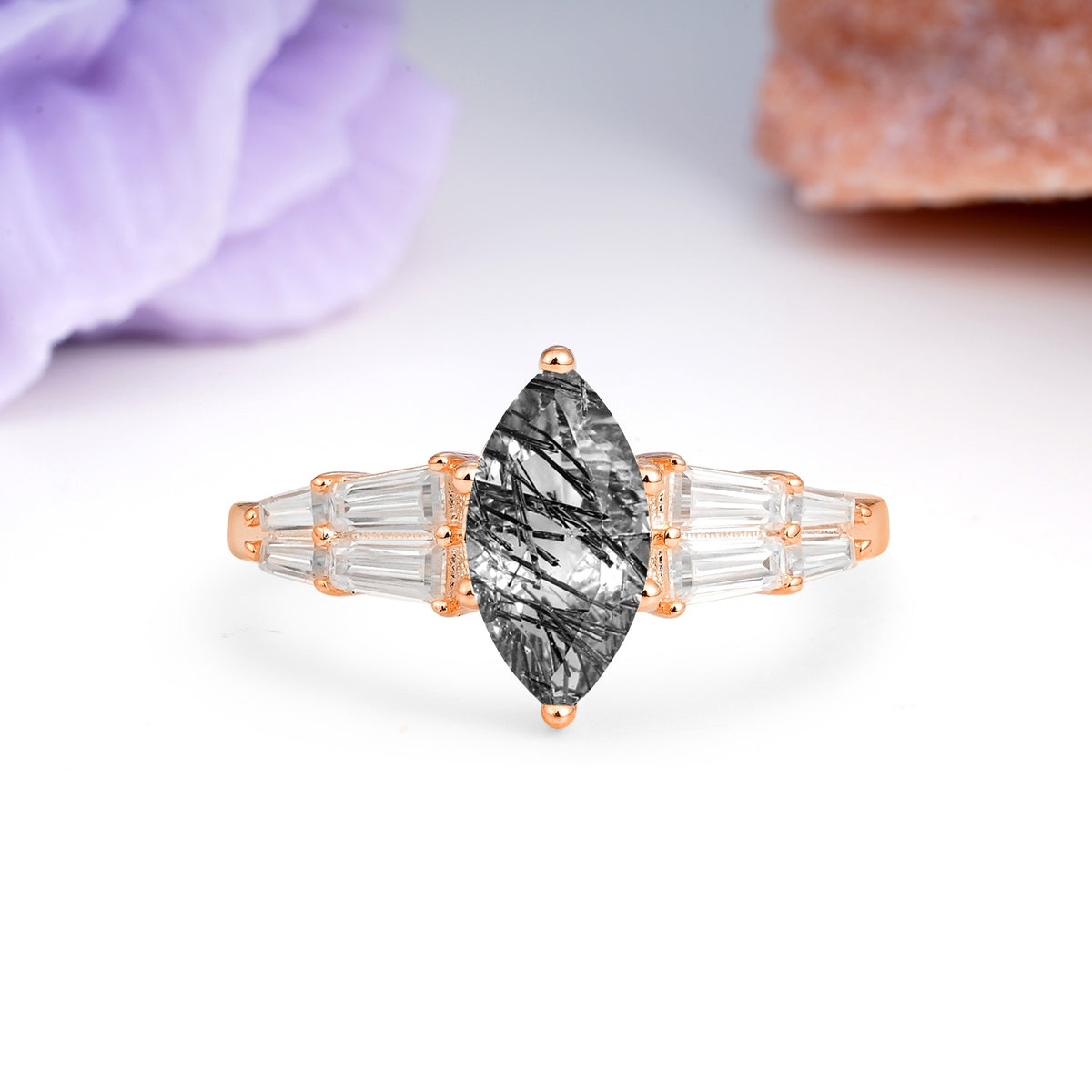 Classic 6-Prong Marquise Cut Black Rutilated Quartz Engagement Ring - Additional view