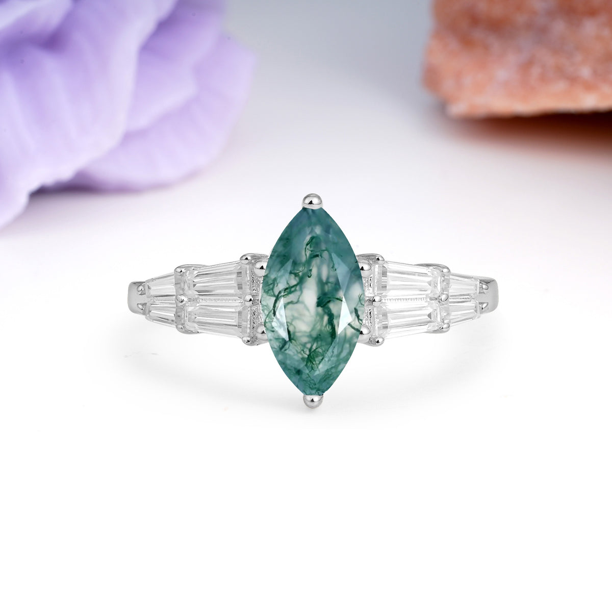 Classic 6-Prong Marquise Cut Moss Agate Engagement Ring - Additional view