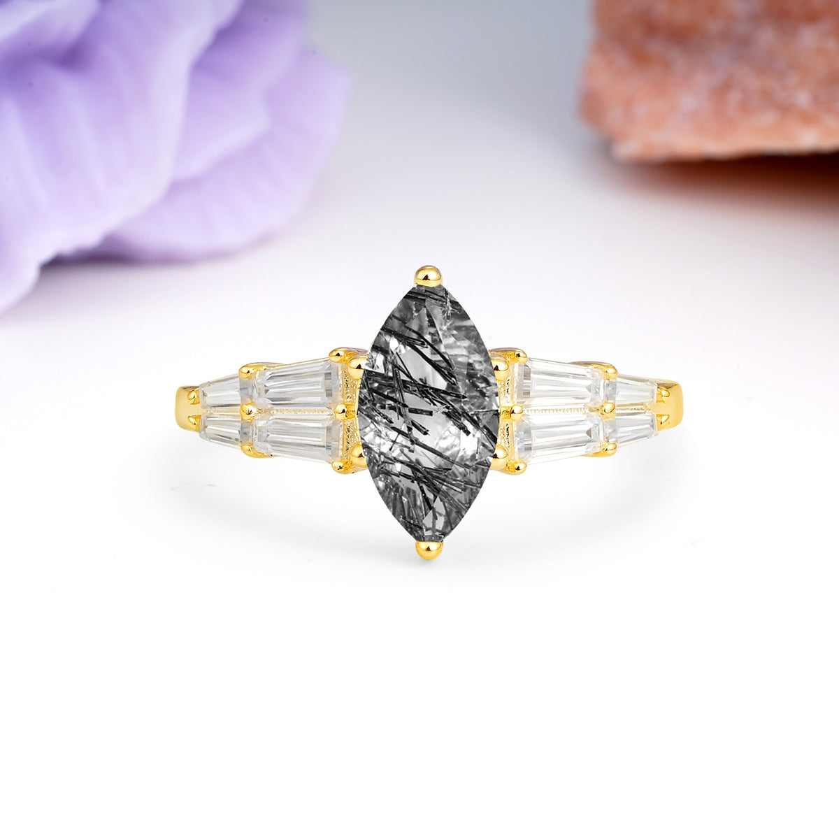 Classic 6-Prong Marquise Cut Black Rutilated Quartz Engagement Ring - Additional view
