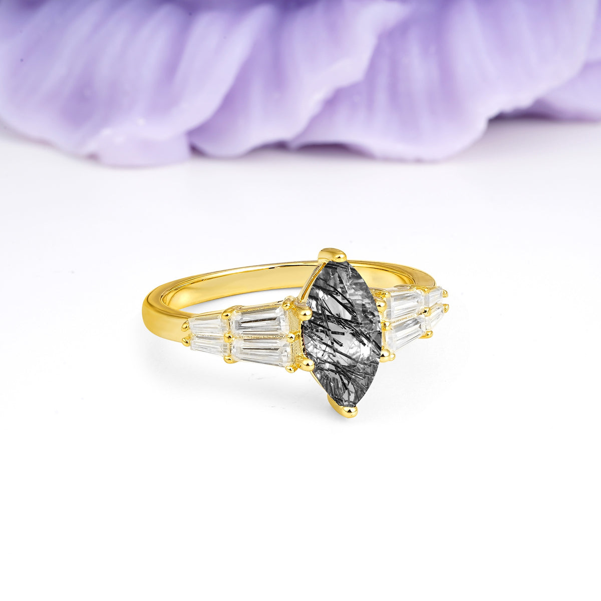 Classic 6-Prong Marquise Cut Black Rutilated Quartz Engagement Ring - Additional view