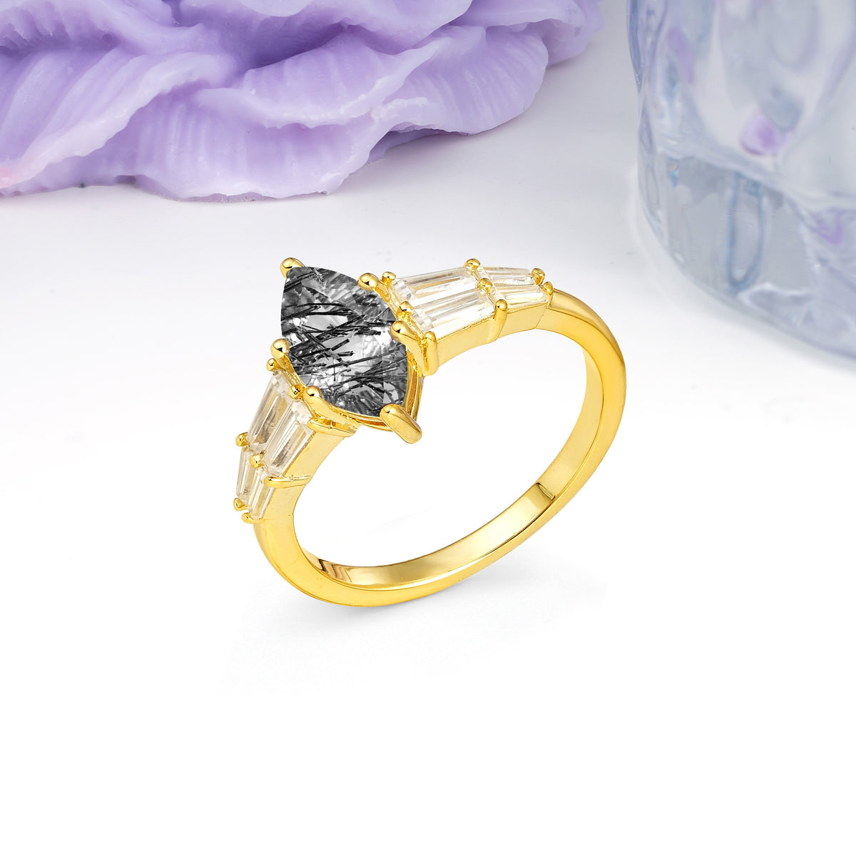 Classic 6-Prong Marquise Cut Black Rutilated Quartz Engagement Ring - Additional view