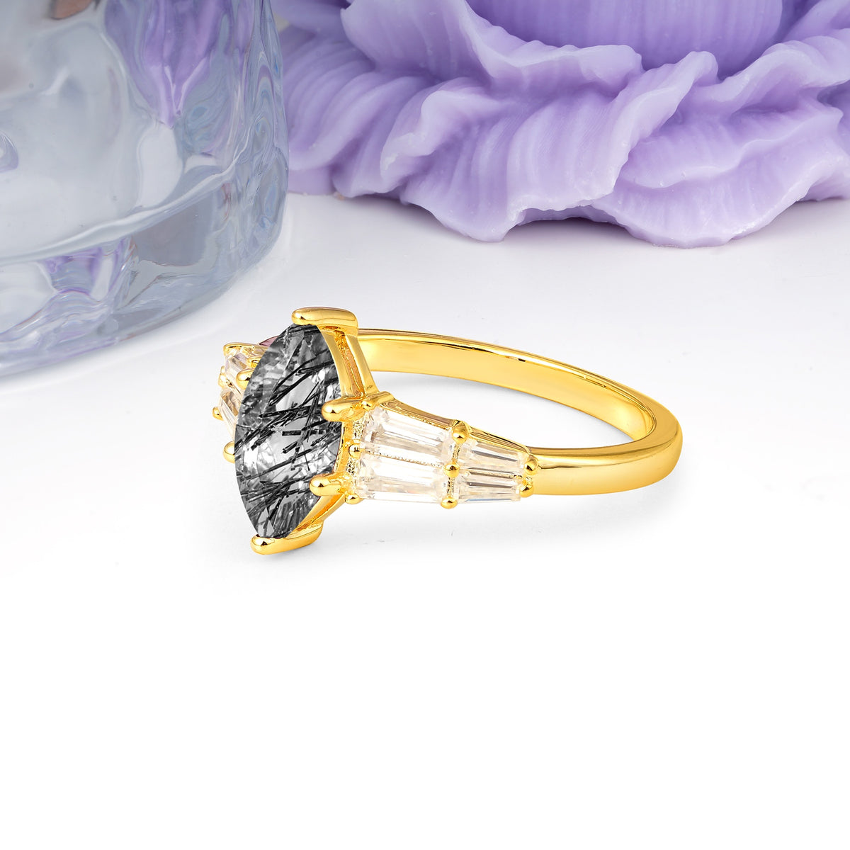 Classic 6-Prong Marquise Cut Black Rutilated Quartz Engagement Ring - Additional view