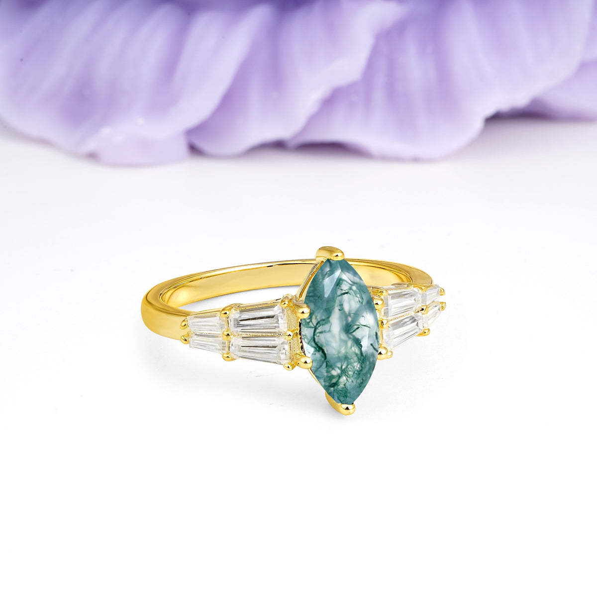Classic 6-Prong Marquise Cut Moss Agate Engagement Ring - Additional view
