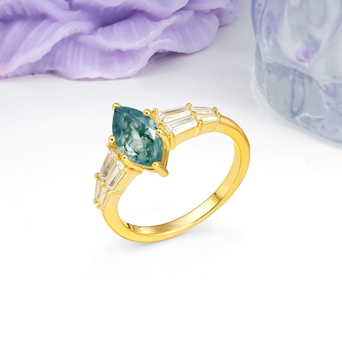 Classic 6-Prong Marquise Cut Moss Agate Engagement Ring - Additional view