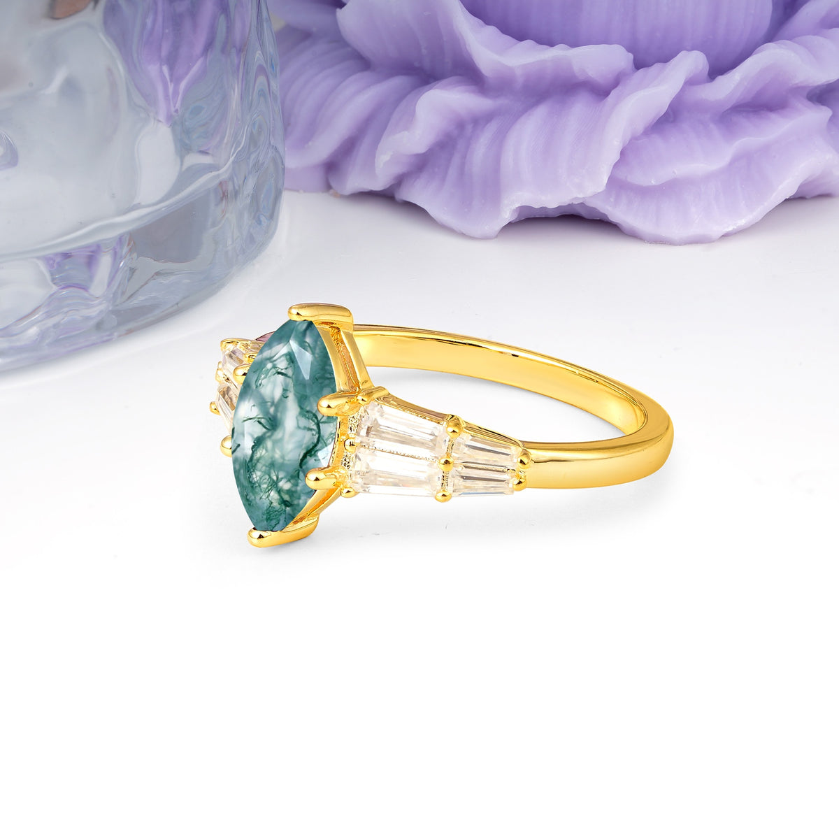 Classic 6-Prong Marquise Cut Moss Agate Engagement Ring - Additional view