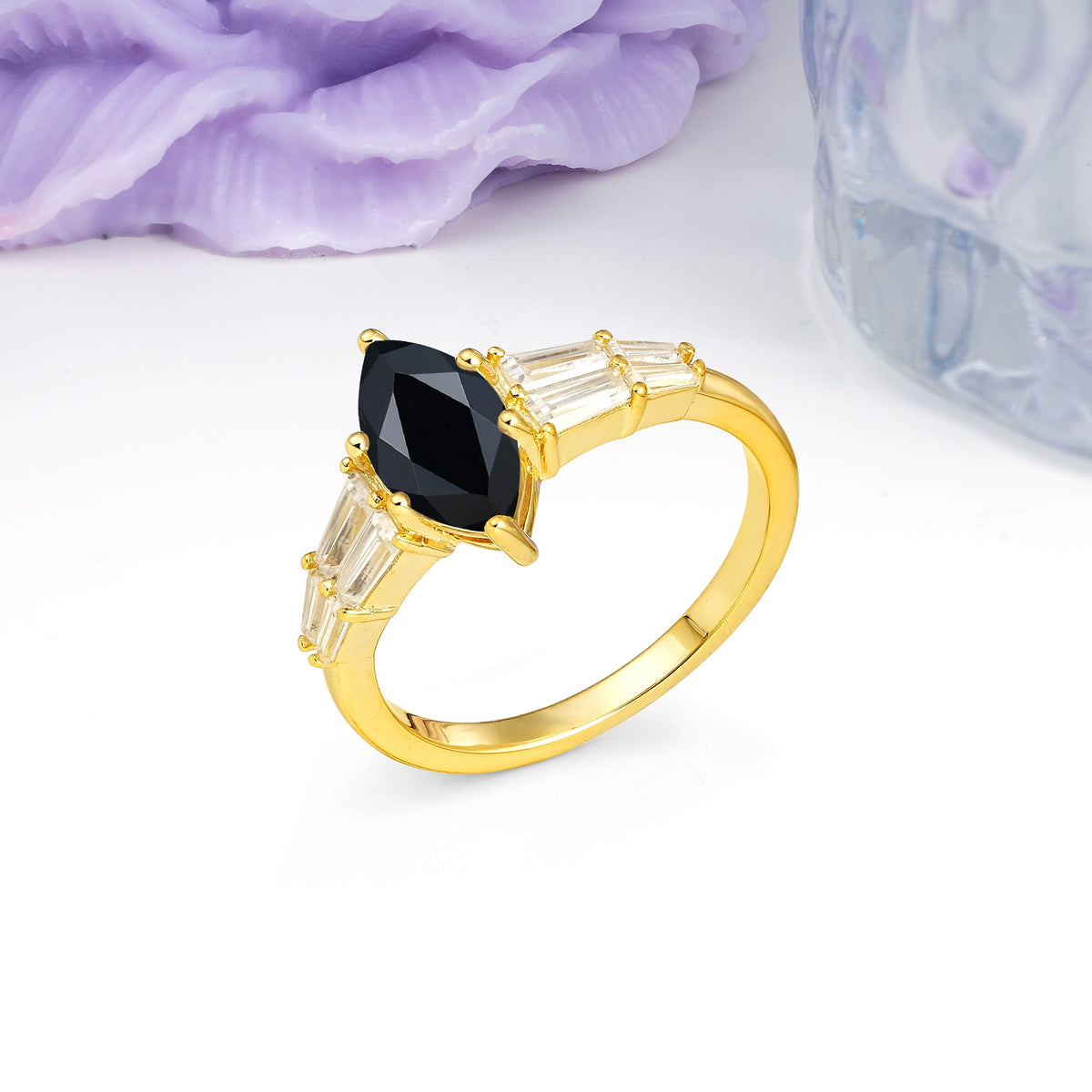 Classic 6-Prong Marquise Cut Black Onyx Engagement Ring - Additional view