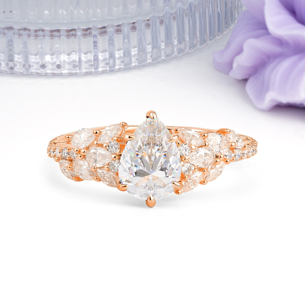 Luxurious Pavé-Set Diamonds, Unique 6-Prong Pear Cut Moissanite Engagement Ring - Additional view