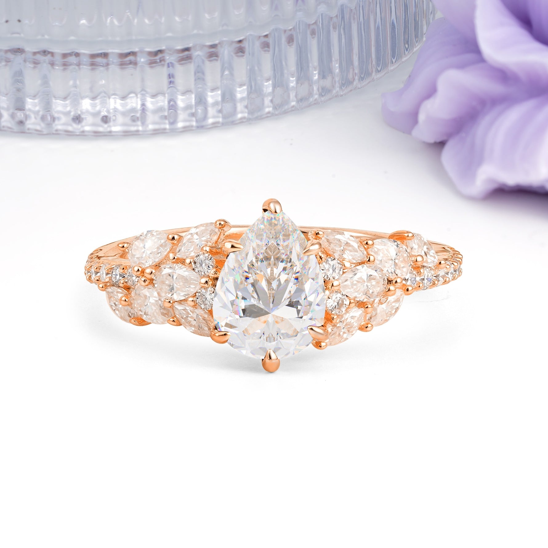 Luxurious Pavé-Set Diamonds, Unique 6-Prong Pear Cut Moissanite Engagement Ring - Additional view