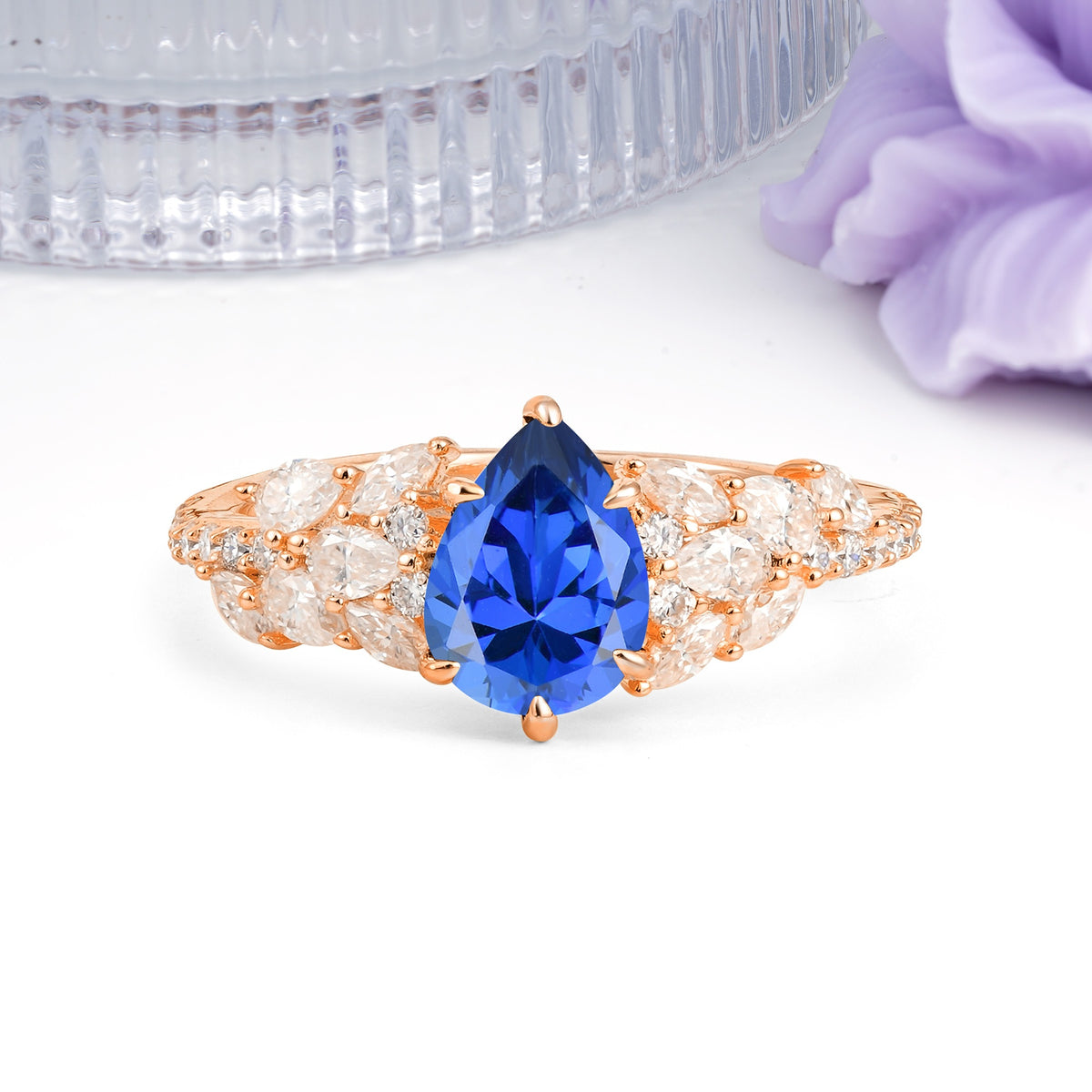 Luxurious Pavé-Set Diamonds, Unique 6-Prong Pear Cut Sapphire Engagement Ring - Additional view