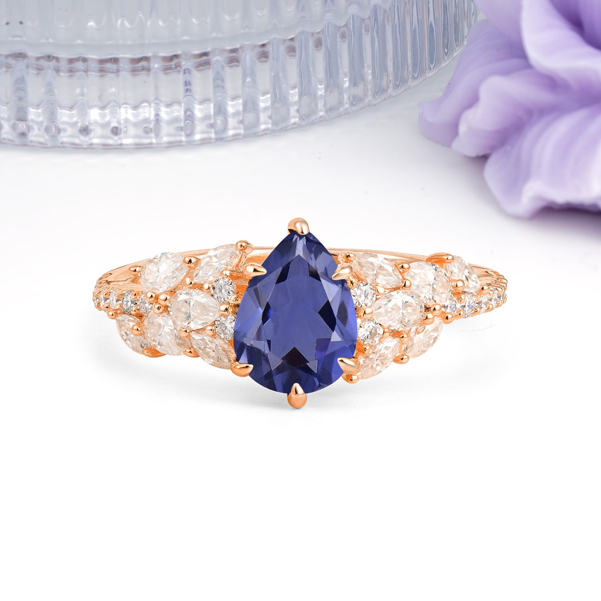 Luxurious Pavé-Set Diamonds, Unique 6-Prong Pear Cut Tanzanite Engagement Ring - Additional view