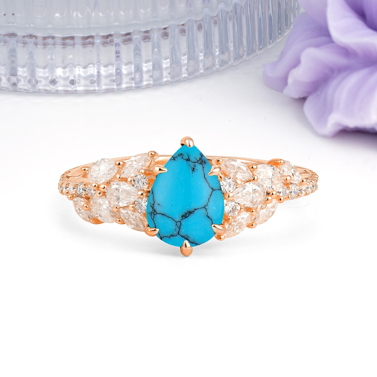 Luxurious Pavé-Set Diamonds, Unique 6-Prong Pear Cut Turquoise Engagement Ring - Additional view