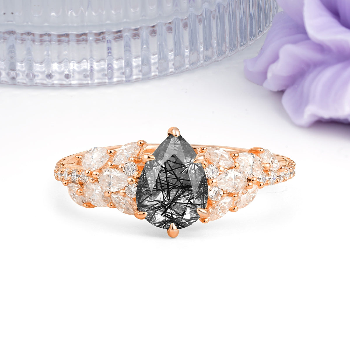 Luxurious Pavé-Set Diamonds, Unique 6-Prong Pear Cut Black Rutilated Quartz Engagement Ring - Additional view