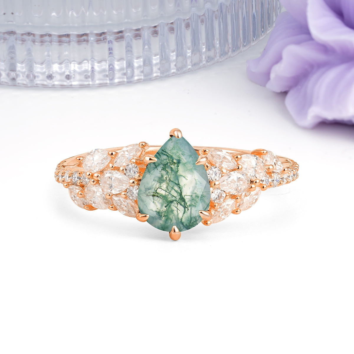 Luxurious Pavé-Set Diamonds, Unique 6-Prong Pear Cut Moss Agate Engagement Ring - Additional view