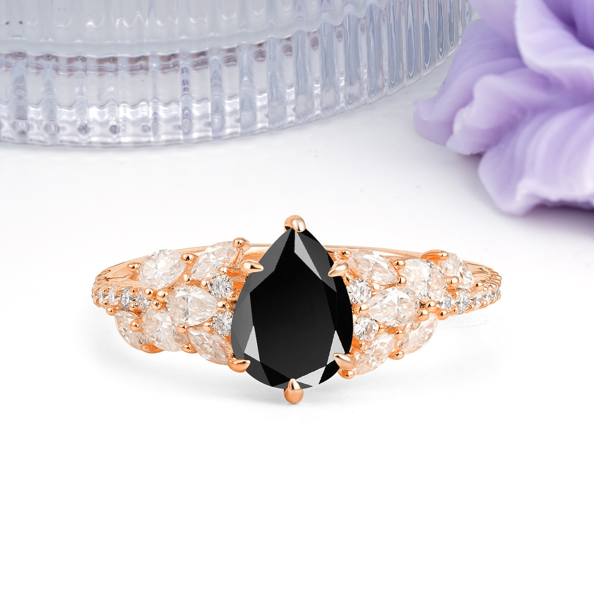 Luxurious Pavé-Set Diamonds, Unique 6-Prong Pear Cut Black Onyx Engagement Ring - Additional view